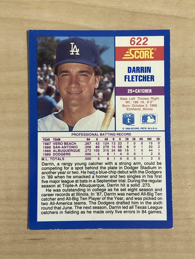 DARRIN FLETCHER LOS ANGELES DODGERS SIGNED AUTOGRAPHED 1990 SCORE CARD#622 W/COA