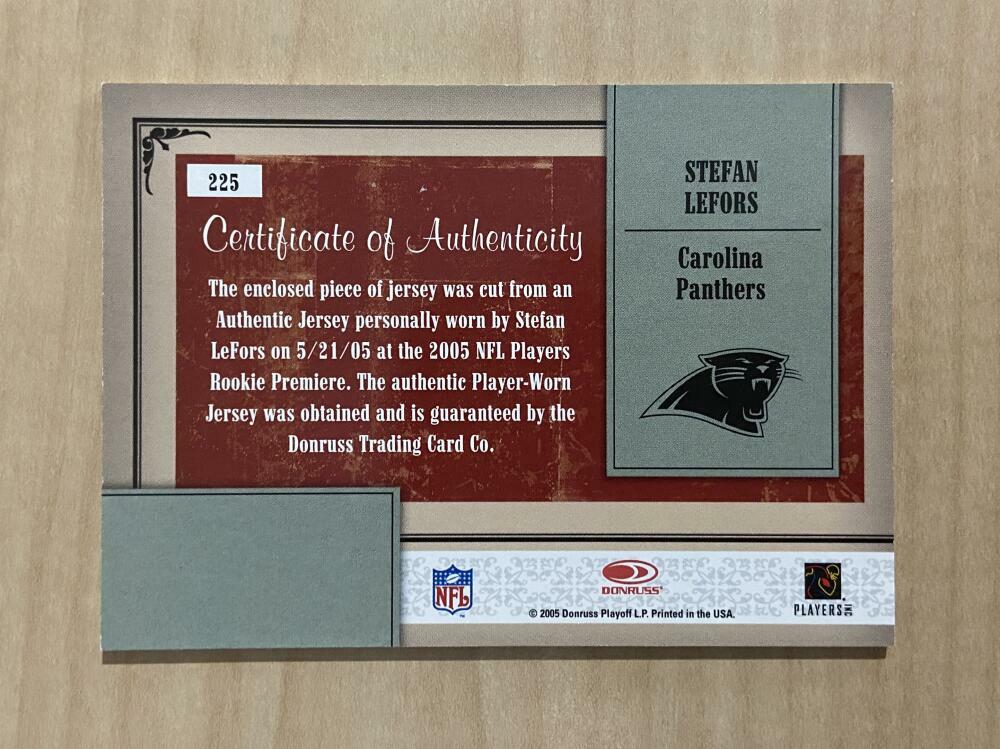STEFAN LEFORS CAROLINA PANTHERS PATCH 2005 DONRUSS CARD #225