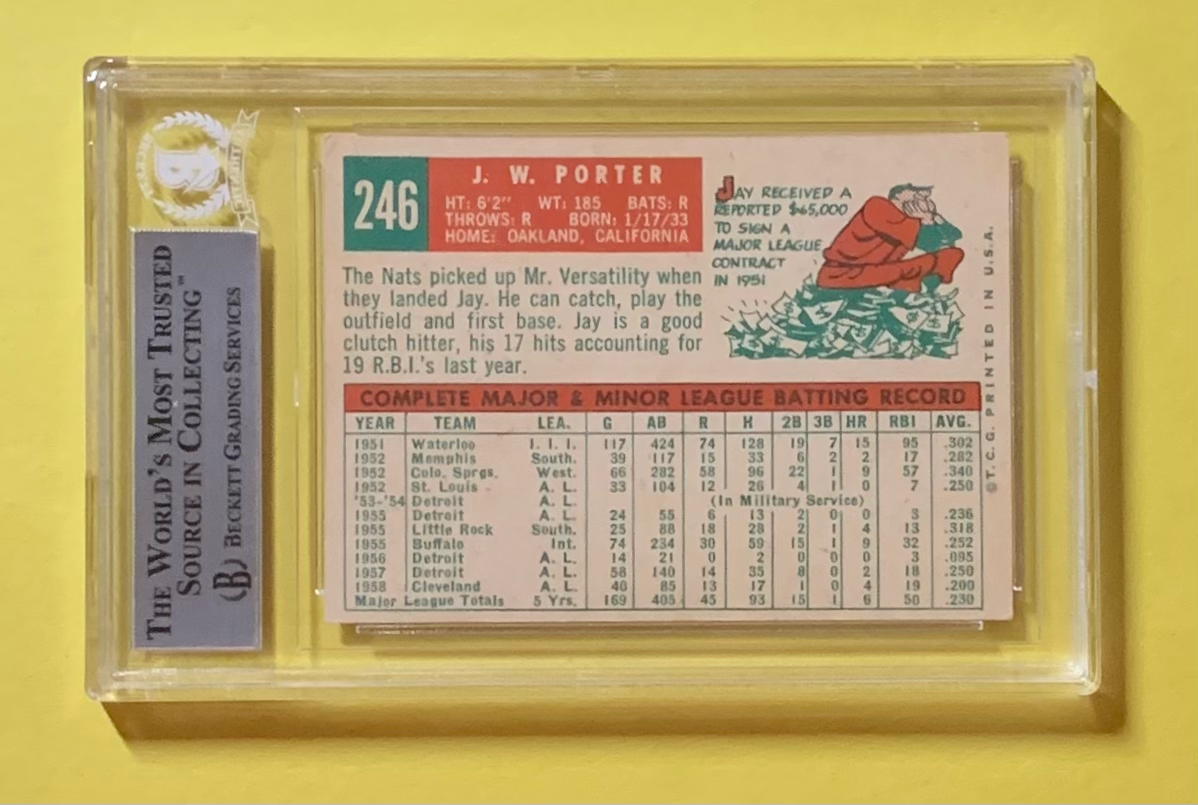 1959 TOPPS J.W. PORTER #246 AUTHENTIC AUTO BECKETT CERTIFIED SENATORS