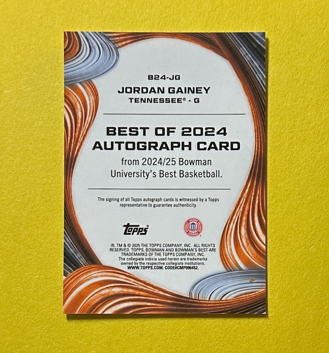 2024-25 BOWMAN'S BEST JORDAN GAINEY AUTOGRAPH GREEN /99 #B24-JG TENNESSEE