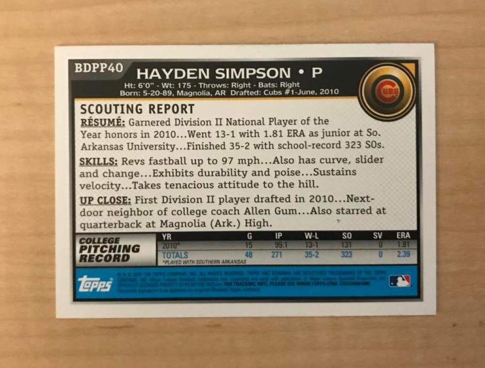 HAYDEN SIMPSON CHICAGO CUBS SIGNED AUTOGRAPHED 2010 BOWMAN CARD #BDPP40 W/COA