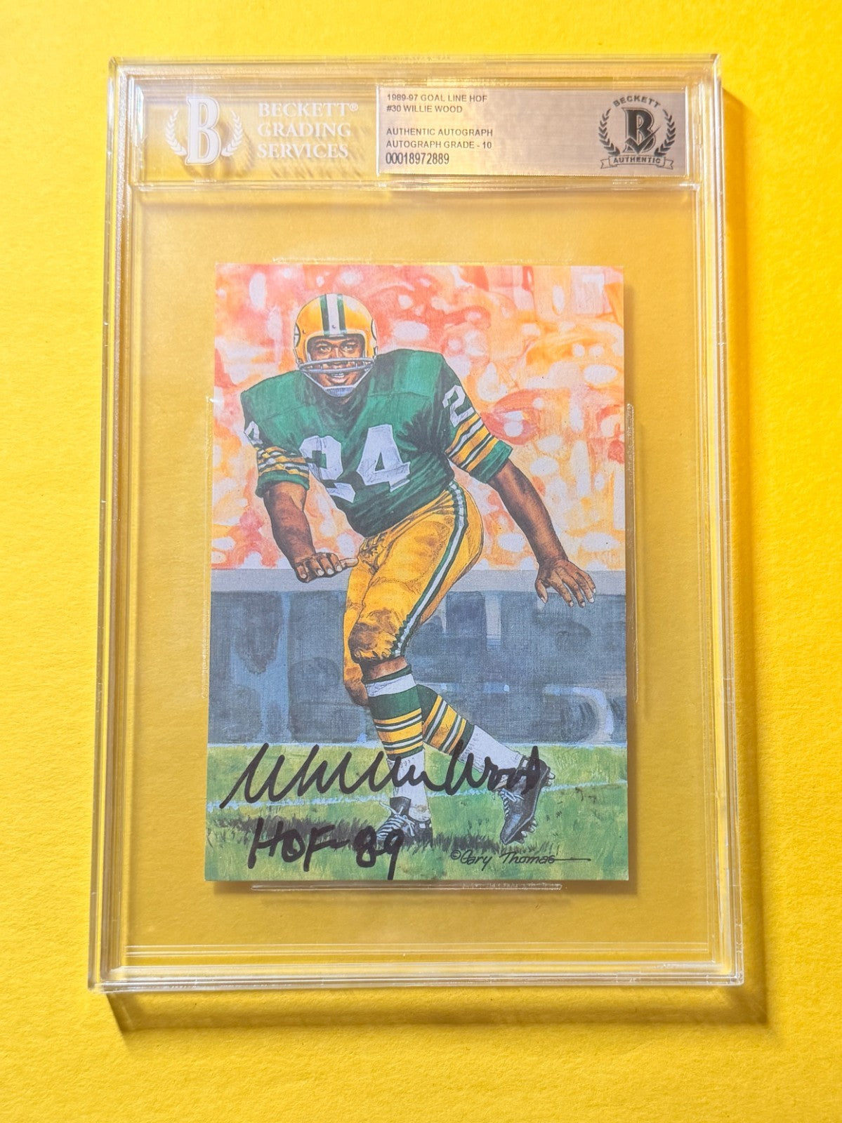 1989 GOAL LINE HOF WILLIE WOOD #30 SIGNED ART BECKETT AUTHENTIC 10 "HOF 89"