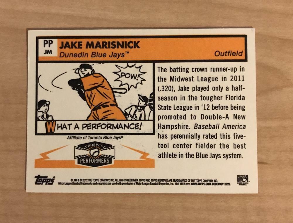 JAKE MARISNICK DUNEDIN BLUE JAYS SIGNED 2012 TOPPS HERITAGE CARD #PPJM W/COA