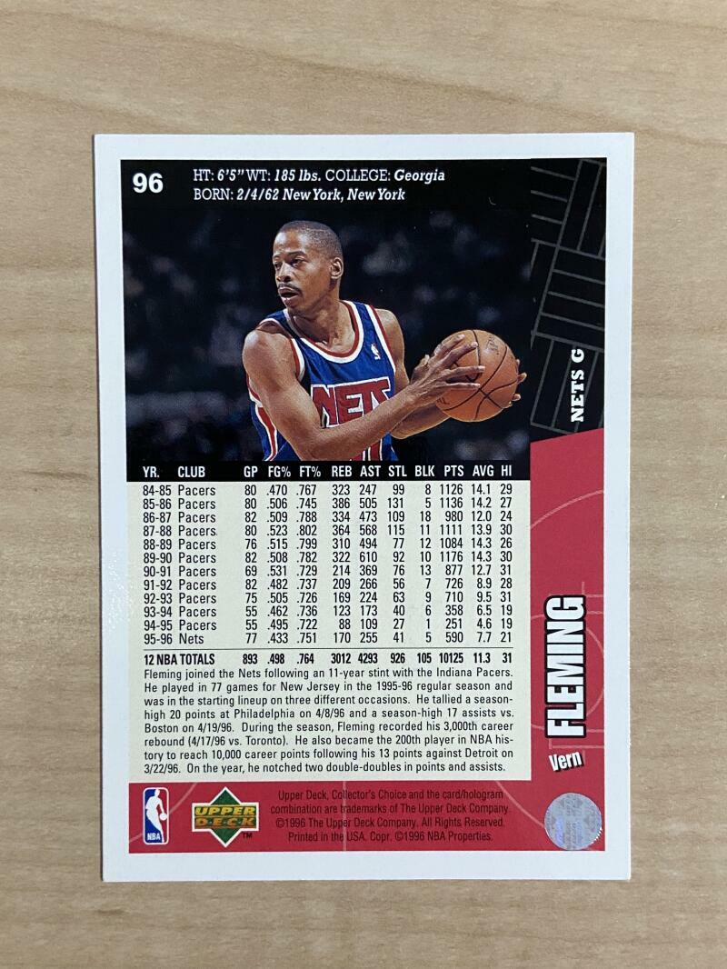 VERN FLEMING NEW JERSEY NETS SIGNED AUTOGRAPHED 96-97 UPPER DECK CARD #96 W/COA