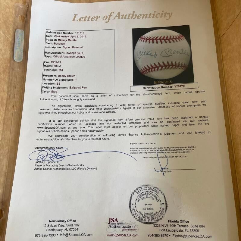MICKEY MANTLE NY YANKEES SIGNED AUTOGRAPHED A.L. BASEBALL BAS LOA 