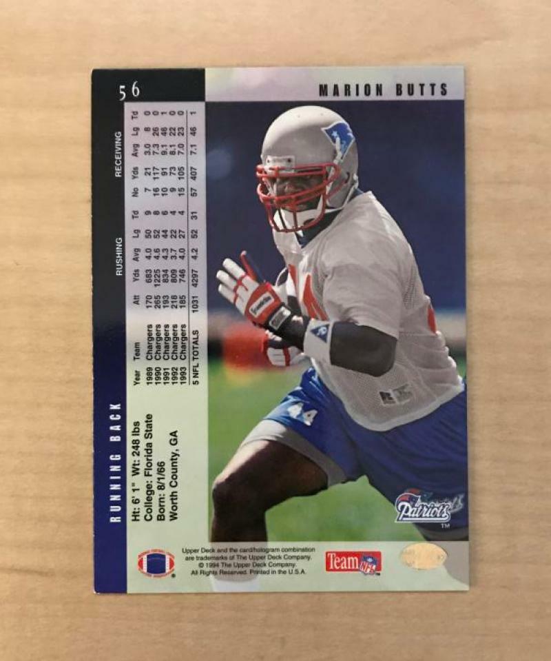 MARION BUTTS NEW ENGLAND PATRIOTS SIGNED 1994 UPPER DECK CARD #56 W/COA