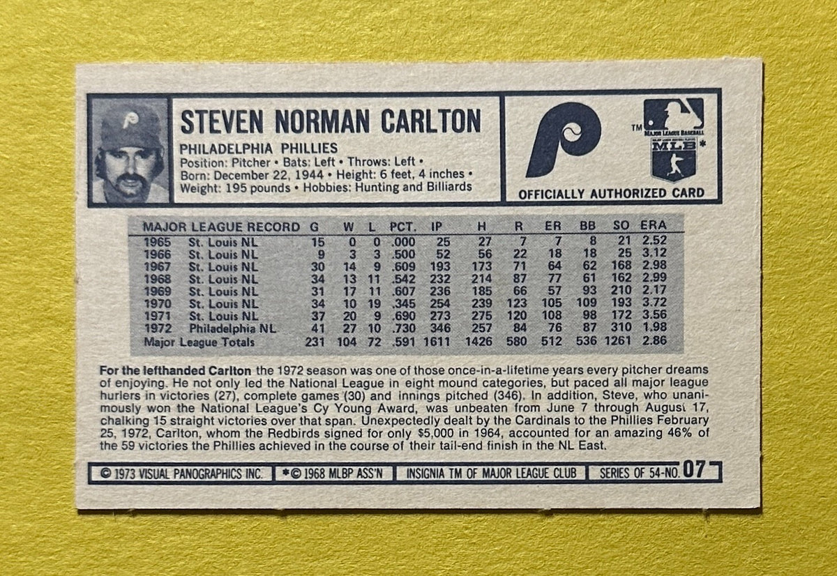 1973 KELLOGG'S PRO SUPER STARS STEVE CALRTON #7 PHILLIES HOF