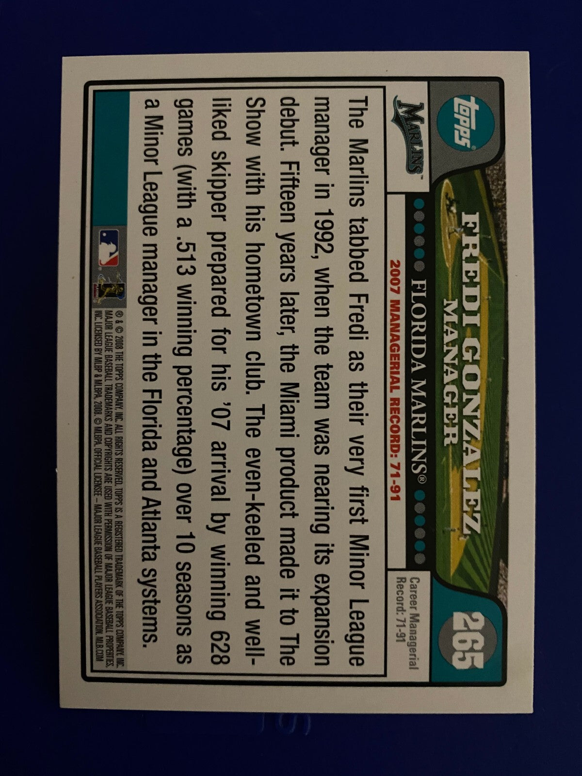 2008 TOPPS FREDDI GONZALEZ MARLINS MANAGER SIGNED AUTOGRAPHED CARD #265 W/COA