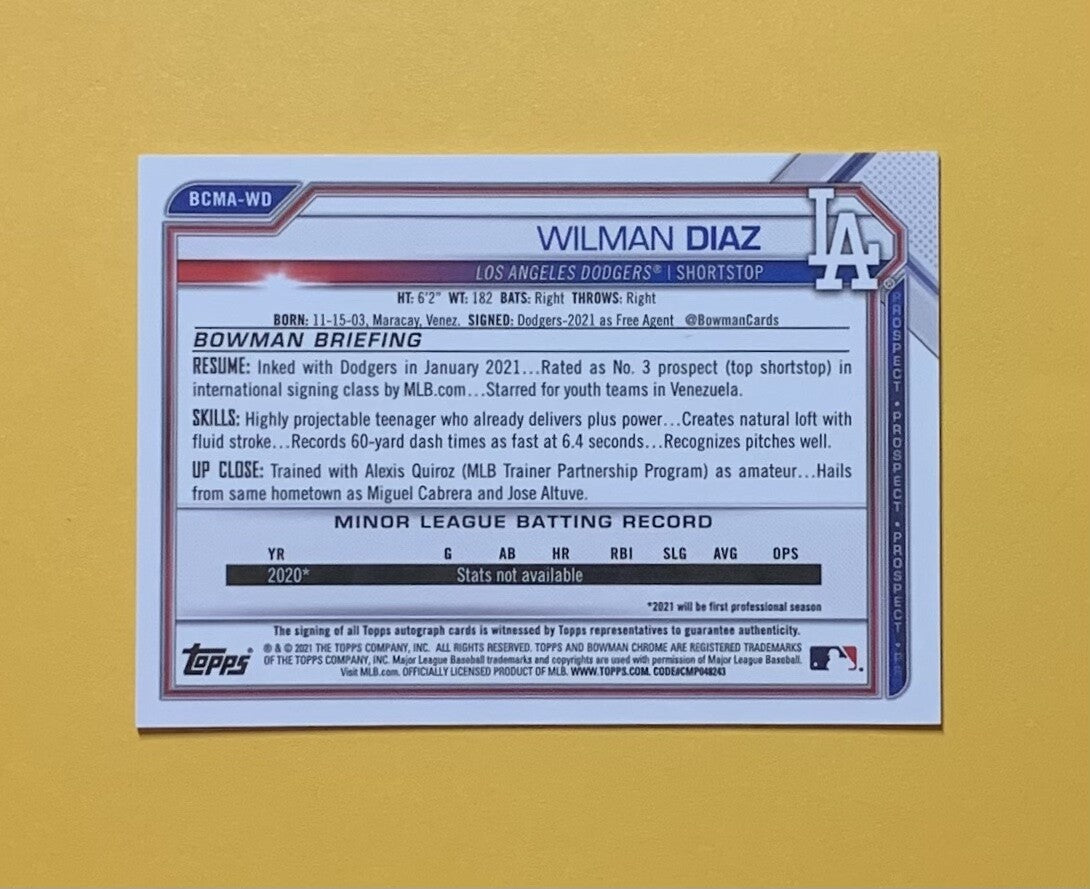 2021 BOWMAN CHROME MEGA BOX WILMAN DIAZ AUTO #BCMA-WD DODGERS 