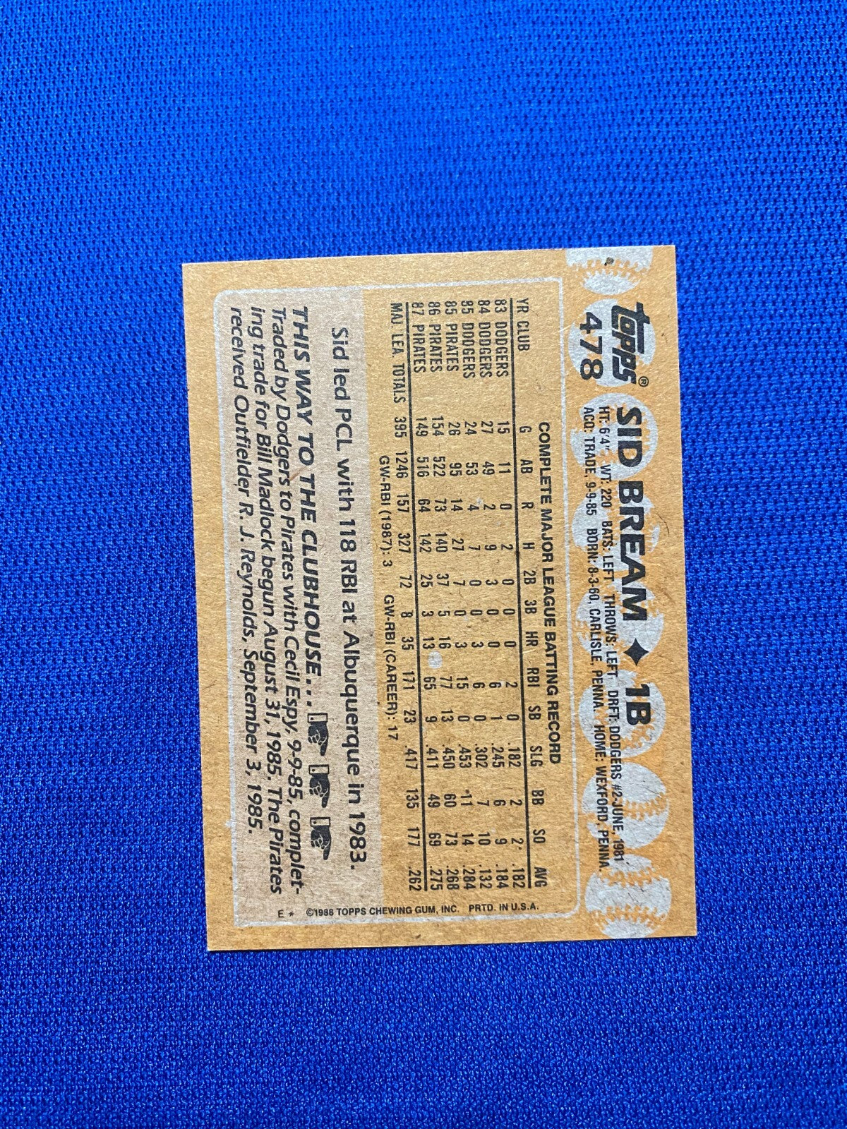 1988 TOPPS SID BREAM PITTSBURGH PIRATES SIGNED AUTOGRAPHED #478 CARD W/COA