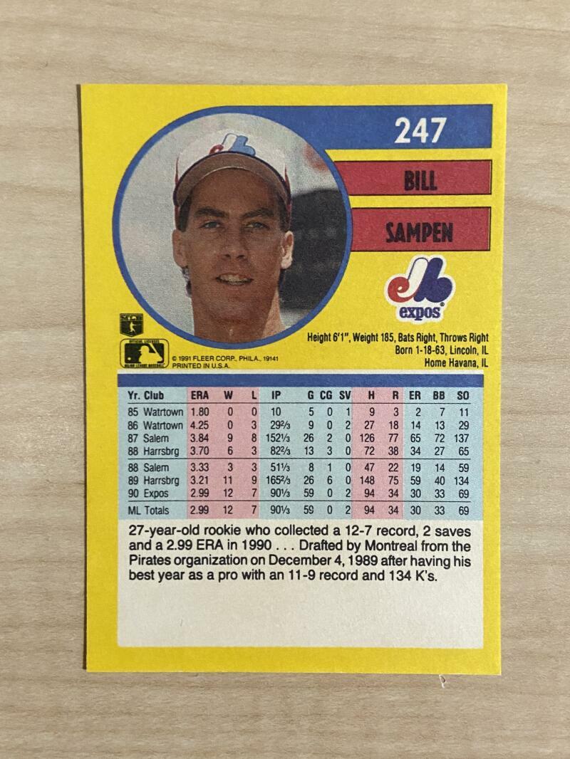 BILL SAMPEN MONTREAL EXPOS SIGNED AUTOGRAPHED 1991 FLEER CARD #247 W/COA