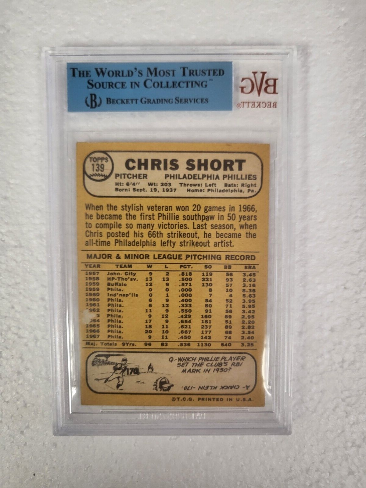 1968 TOPPS CHRIS SHORT PHILLIES SIGNED AUTOGRAPHED AUTO #139 CARD BECKETT JSA