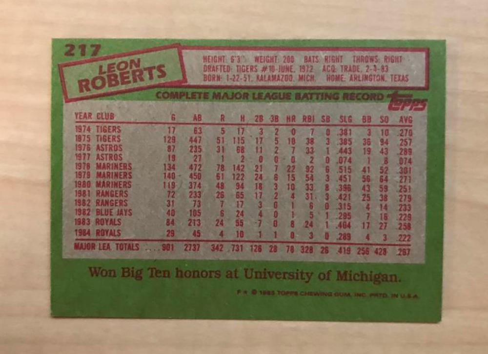 LEON ROBERTS KANSAS CITY ROYALS SIGNED AUTOGRAPHED 1985 TOPPS CARD #217 W/COA 
