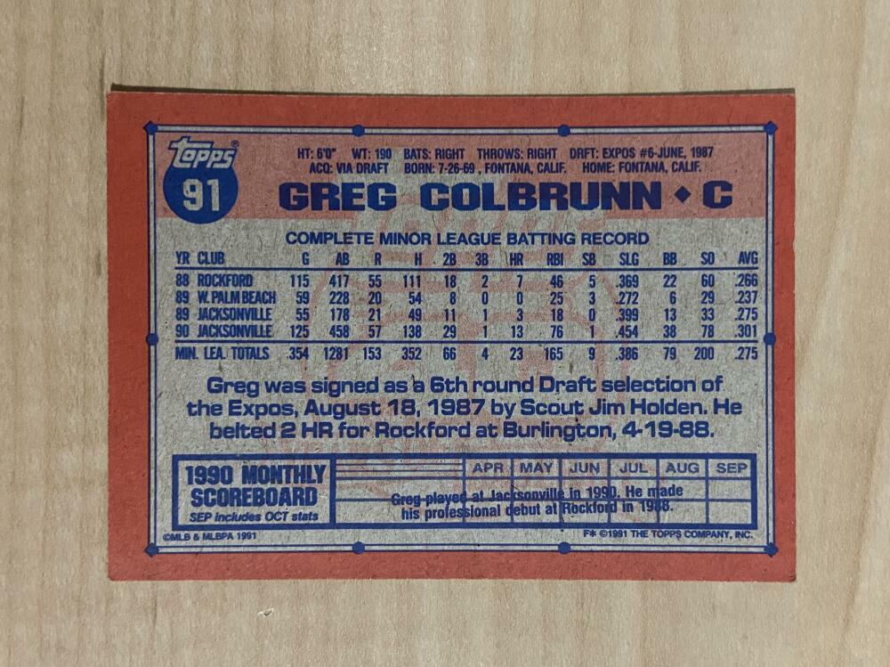 GREG COLBRUNN MONTREAL EXPOS SIGNED AUTOGRAPHED 1991 TOPPS CARD #91 W/COA