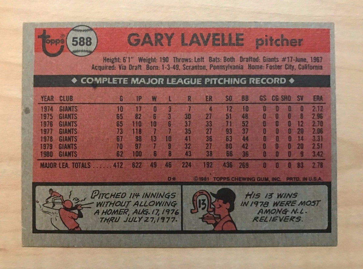 GARY LAVELLE SAN FRANCISCO GIANTS SIGNED AUTOGRAPHED 1981 TOPPS #588 W/COA