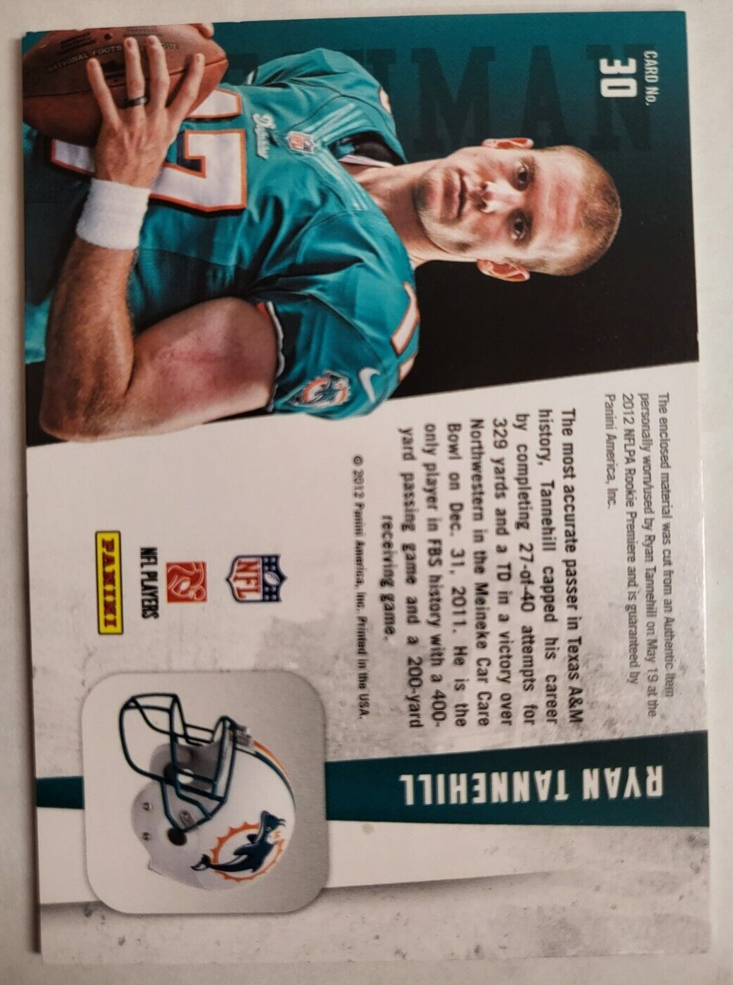 2012 FRESHMAN ORIENTATION RYAN TANNEHILL LONGEVITY JERSEY RELIC CARD