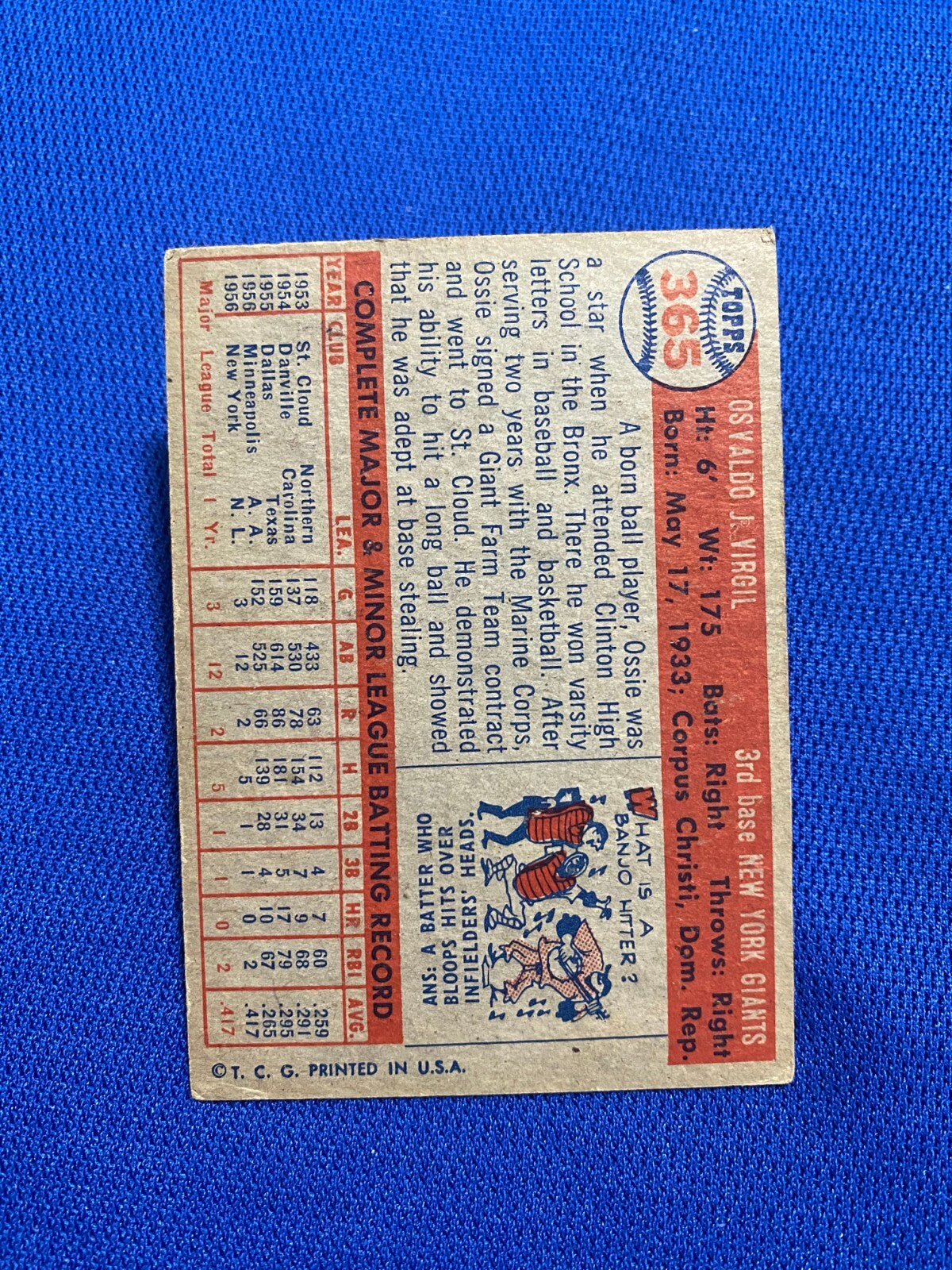 1957 TOPPS OSSIE VIRGIL NEW YORK GIANTS #365 CARD VINTAGE SET-BREAK