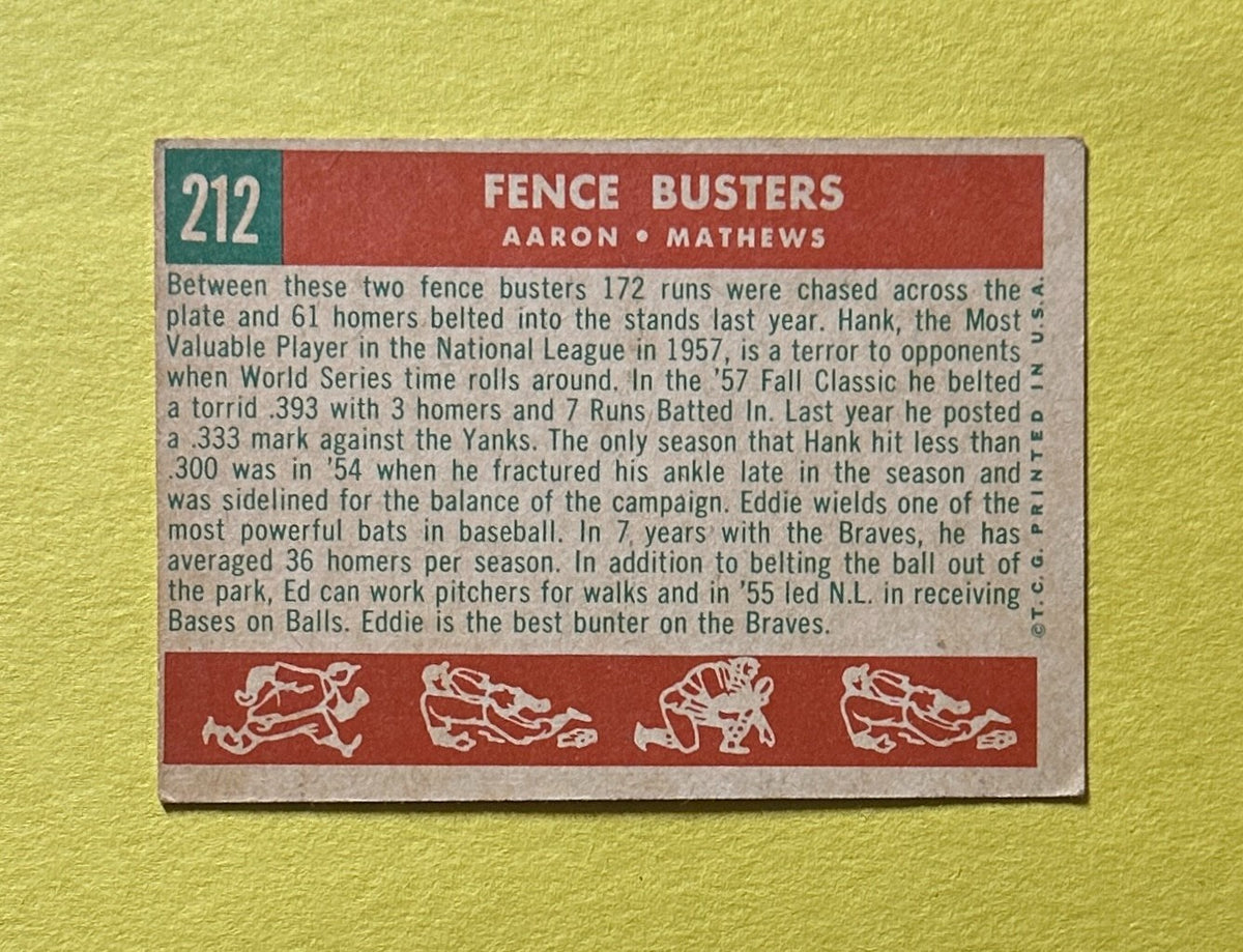 1959 TOPPS FENCE BUSTERS HANK AARON ED MATHEWS #212 BRAVES HOF