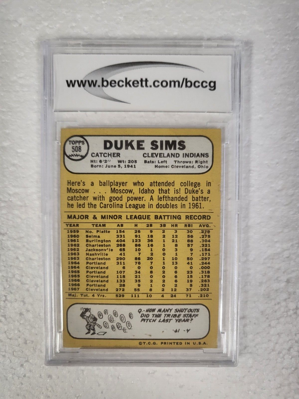 1968 TOPPS DUKE SIMS CLEVELAND INDIANS SIGNED AUTOGRAPHED AUTO #508 CARD JSA