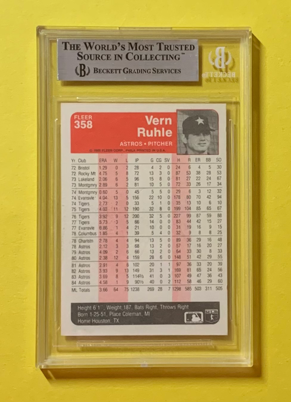 1985 FLEER VERN RUHLE #358 AUTHENTIC AUTO BECKETT CERTIFIED ASTROS