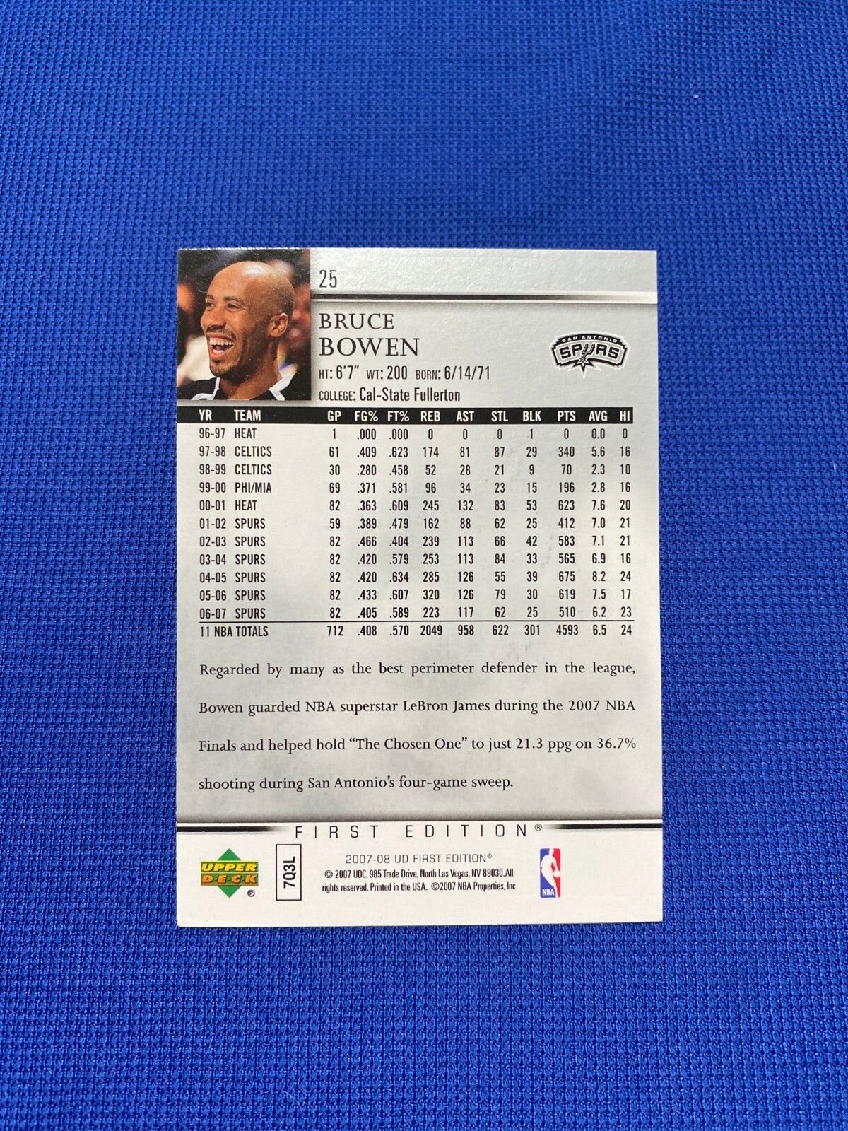 2007 UPPER DECK BRUCE BOWEN SAN ANTONIO SPURS SIGNED AUTOGRAPHED CARD #25 W/COA