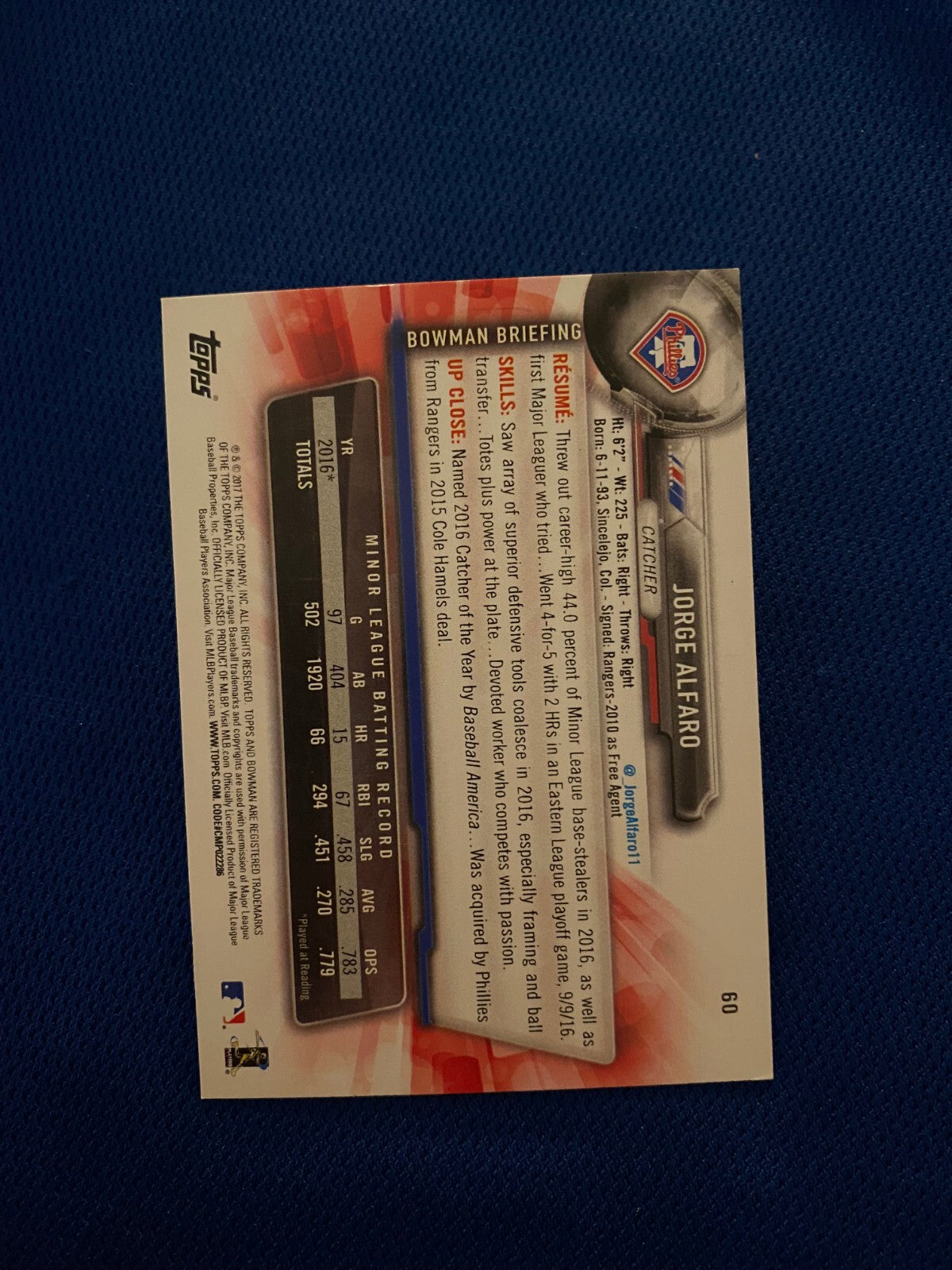 2017 BOWMAN ALFARO PHILADELPHIA PHILLIES AUTOGRAPHED SIGNED CARD #60 W/COA