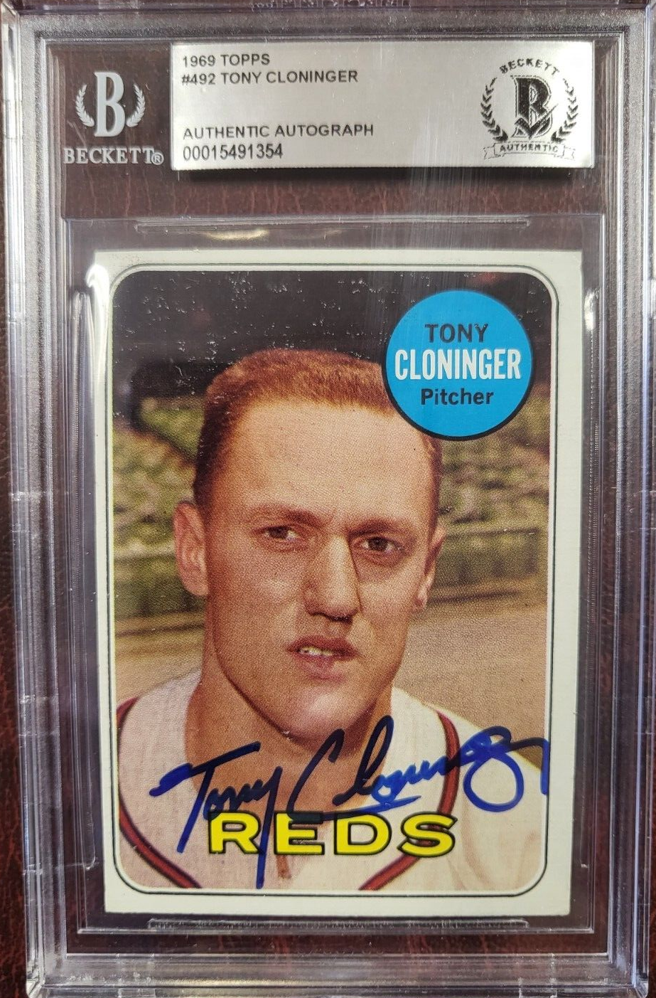 1969 TOPPS TONY CLONINGER REDS SIGNED AUTOGRAPH #492 CARD BECKETT AUTH