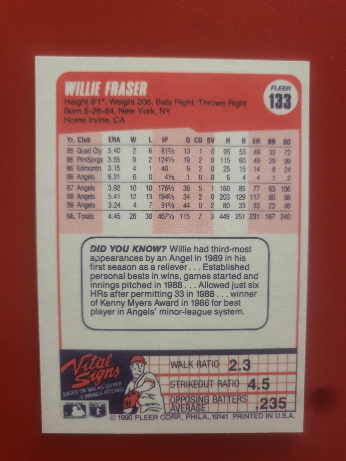 1990 FLEER WILLIE FRASER ANGELS SIGNED AUTO AUTOGRAPHED CARD #133 W/COA