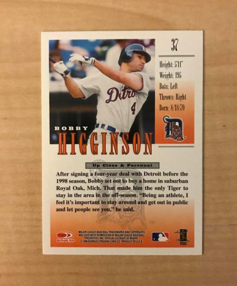 BOBBY HIGGINSON DETROIT TIGERS SIGNED 1998 DONRUSS STUDIO CARD #37 W/COA