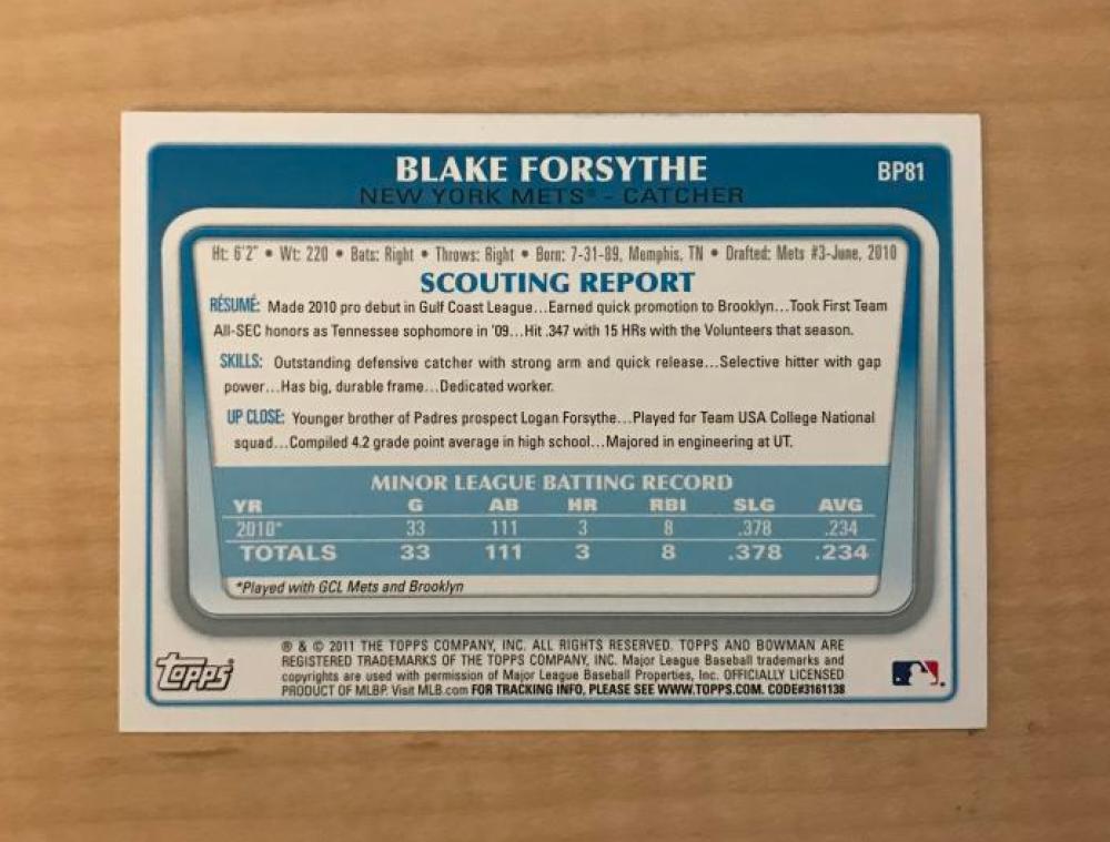 BLAKE FORSYTHE NEW YORK METS SIGNED AUTOGRAPHED 2011 BOWMAN CARD #BP81 W/COA