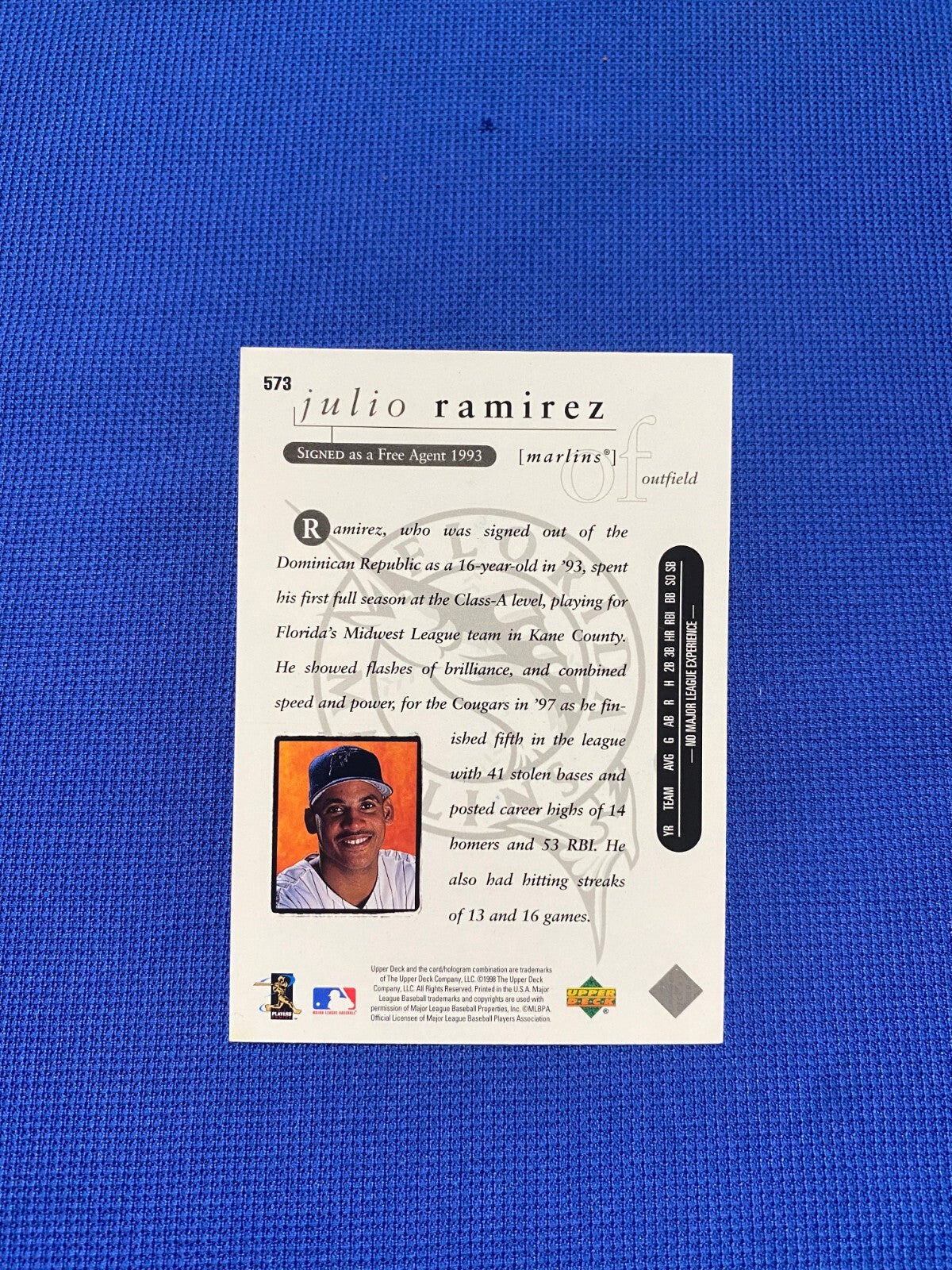 1998 UPPER DECK JULIO RAMIREZ FL MARLINS SIGNED AUTOGRAPHED STAR ROOKIE #573 COA