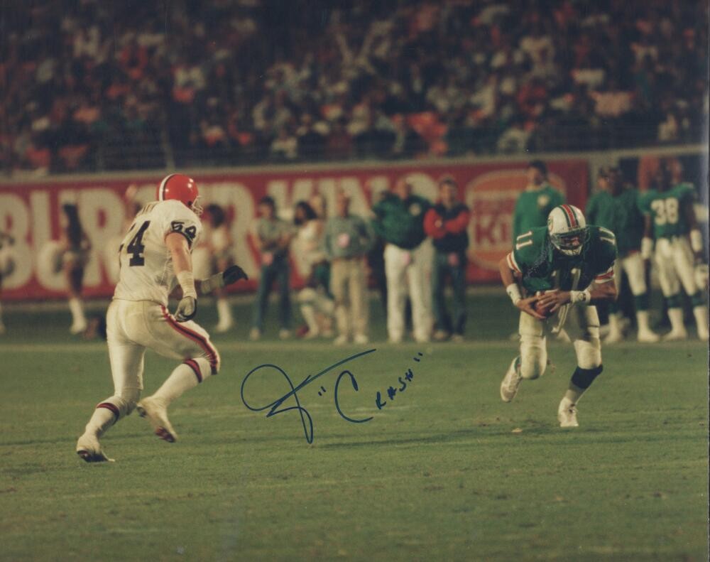 JIM "CRASH" JENSEN MIAMI DOLPHINS SIGNED AUTOGRAPHED 8X10 PHOTO W/ COA