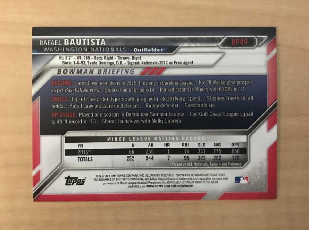 RAFAEL BAUTISTA WASHINGTON NATIONALS AUTOGRAPHED 2016 BOWMAN CARD #BP49 W/COA