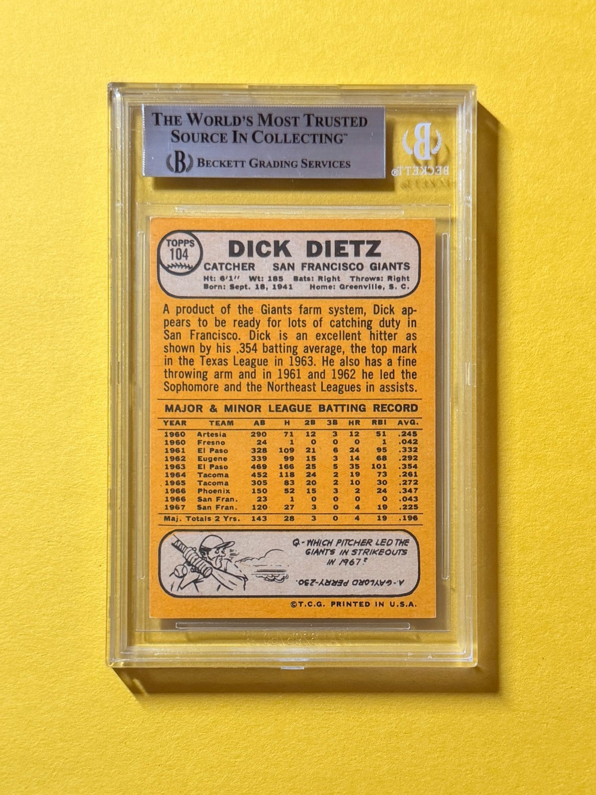 1968 TOPPS DICK DIETZ #104 SIGNED AUTO CARD BECKETT AUTHENTIC GIANTS