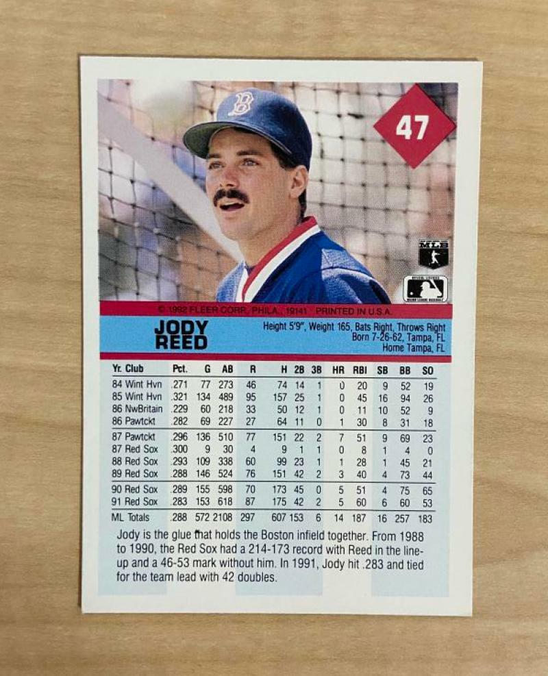 JODY REED BOSTON RED SOX SIGNED AUTOGRAPHED 1992 FLEER #47 W/COA