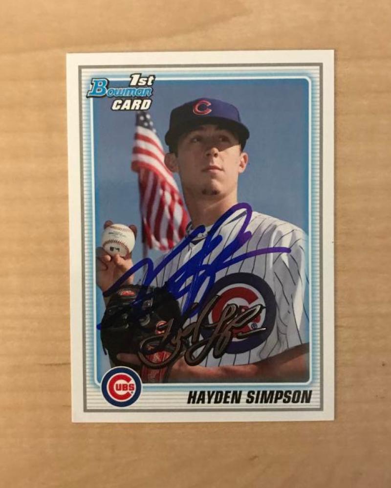 HAYDEN SIMPSON CHICAGO CUBS SIGNED AUTOGRAPHED 2010 BOWMAN CARD #BDPP40 W/COA