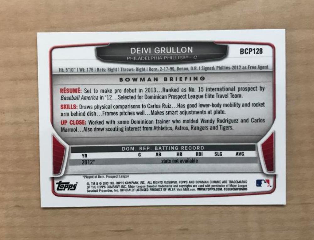DEIVI GRULLON PHILADELPHIA PHILLIES SIGNED 2013 BOWMAN CHROME CARD #BCP128 W/COA
