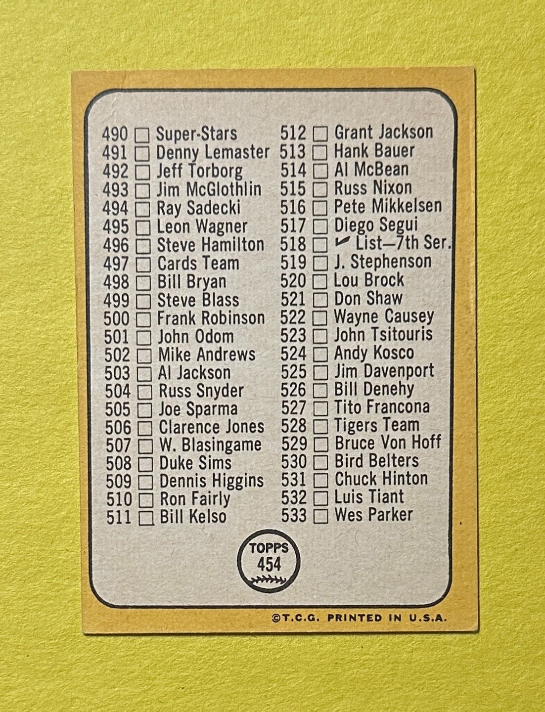 1968 TOPPS CHECKLIST 6TH SERIES #454