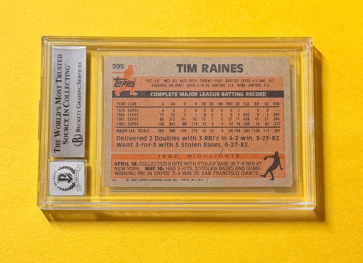 1983 TOPPS TIM RAINES #595 SIGNED AUTO CARD BECKETT 10 AUTHENTIC EXPOS HOF