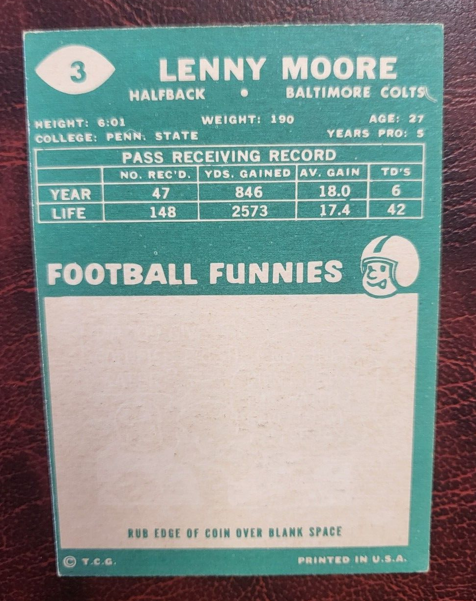 1960 TOPPS LENNY MOORE BALTIMORE COLTS FOOTBALL CARD #3 VINTAGE