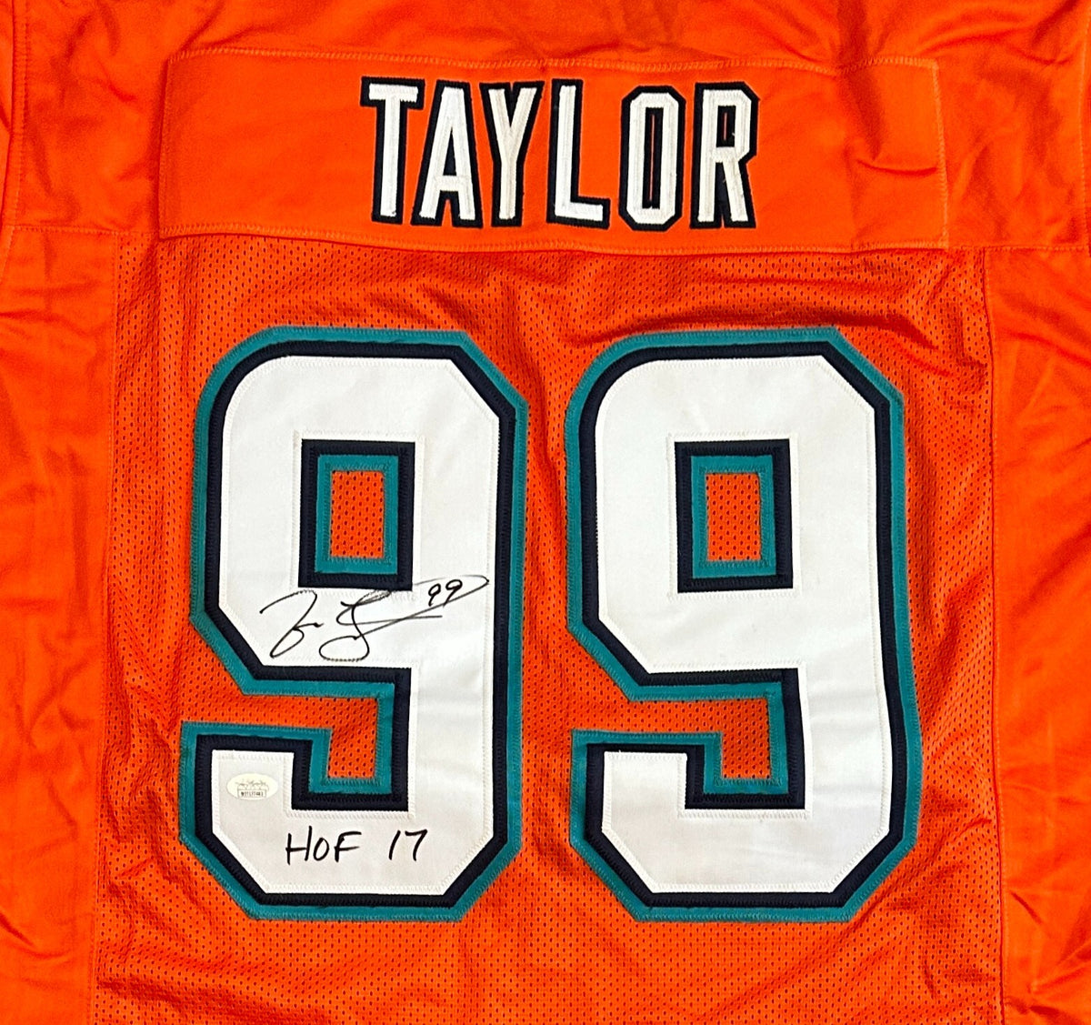 JASON TAYLOR DOLPHINS SIGNED AUTOGRAPHED ORANGE "HOF 17" CUSTOM JERSEY SZ XL JSA