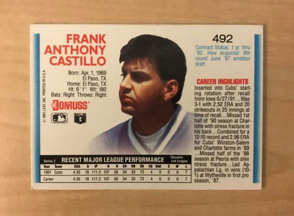 FRANK CASTILLO CHICAGO CUBS SIGNED DECEASED 1992 DONRUSS CARD #492 W/COA