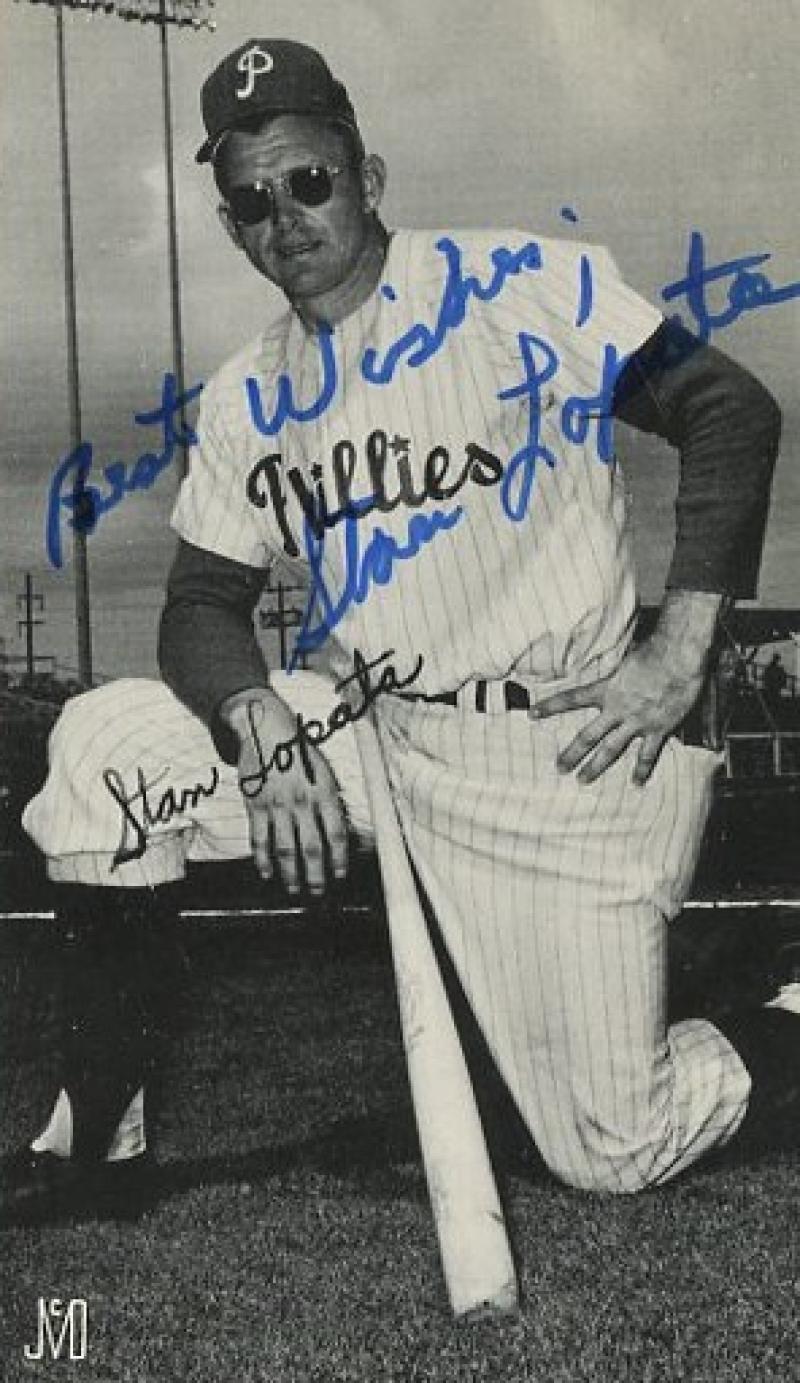 STAN LOPATA PHILADELPHIA PHILLIES  DECEASED SIGNED POSTCARD W/COA