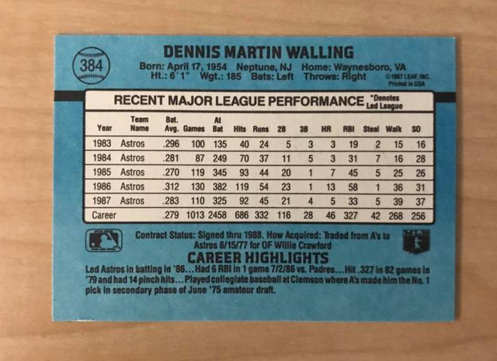 DENNY WALLING HOUSTON ASTROS SIGNED AUTOGRAPHED 1988 DONRUSS CARD #384 W/COA