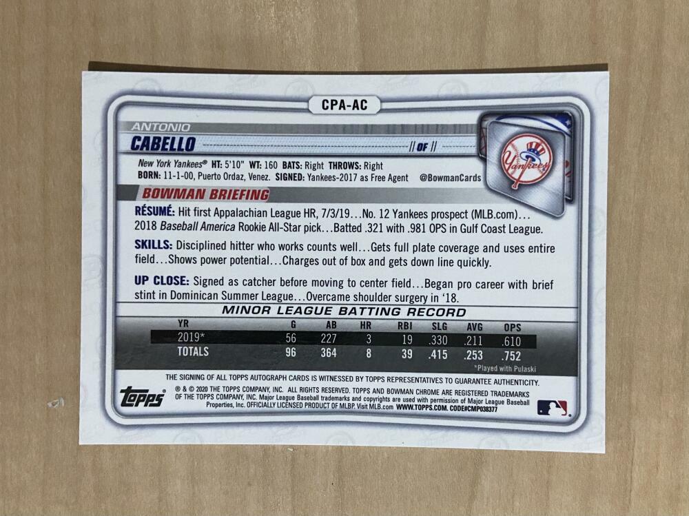 2020 BOWMAN CHROME PROSPECT AUTOGRAPH ANTONIO CABELLO 1ST BOWMAN YANKEES CPA-AC