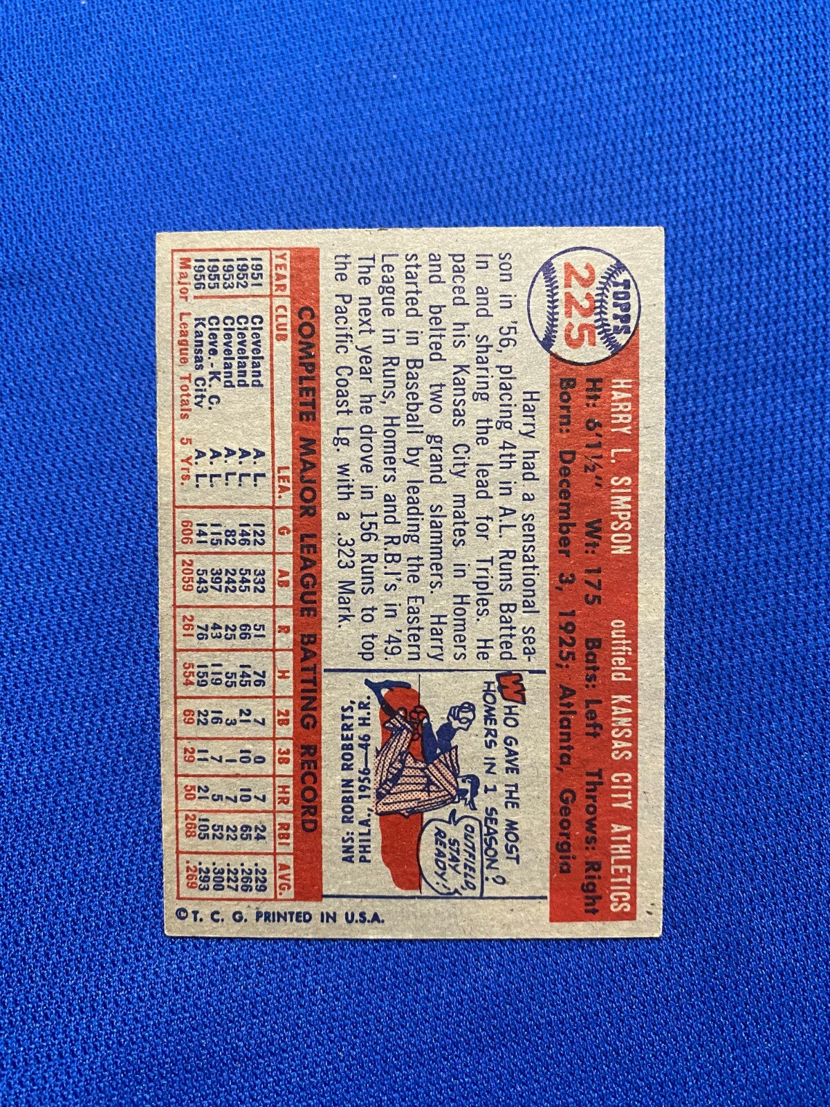 1957 TOPPS HARRY SIMPSON KANSAS CITY A'S #225 CARD VINTAGE SET-BREAK