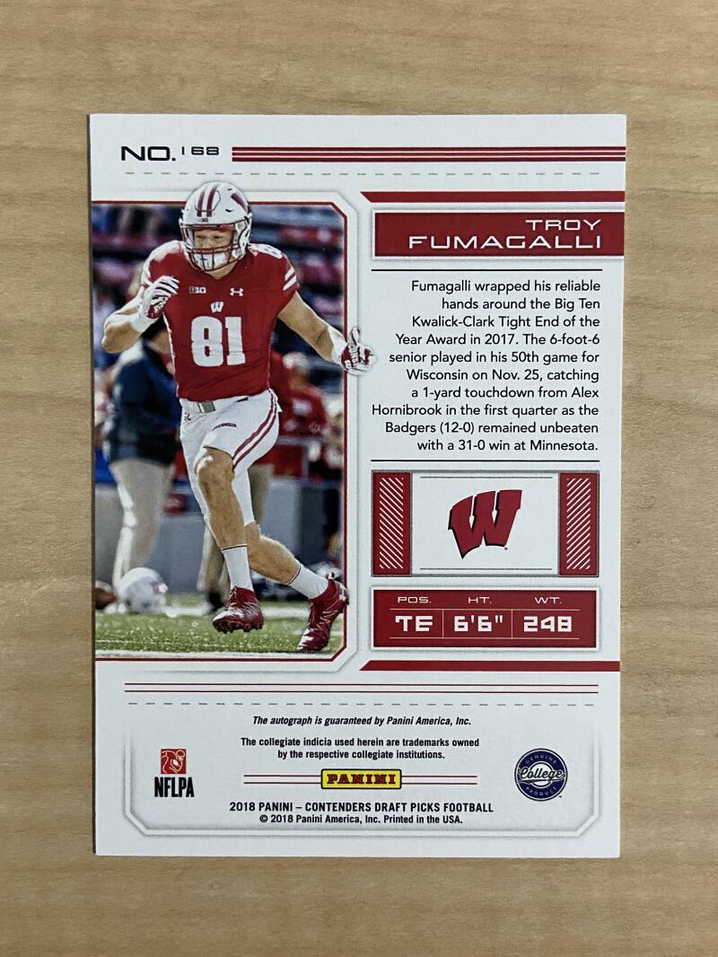 TROY FUMAGALLI WISCONSIN SIGNED AUTOGRAPHED 2018 CONTENDERS RC CARD #168 