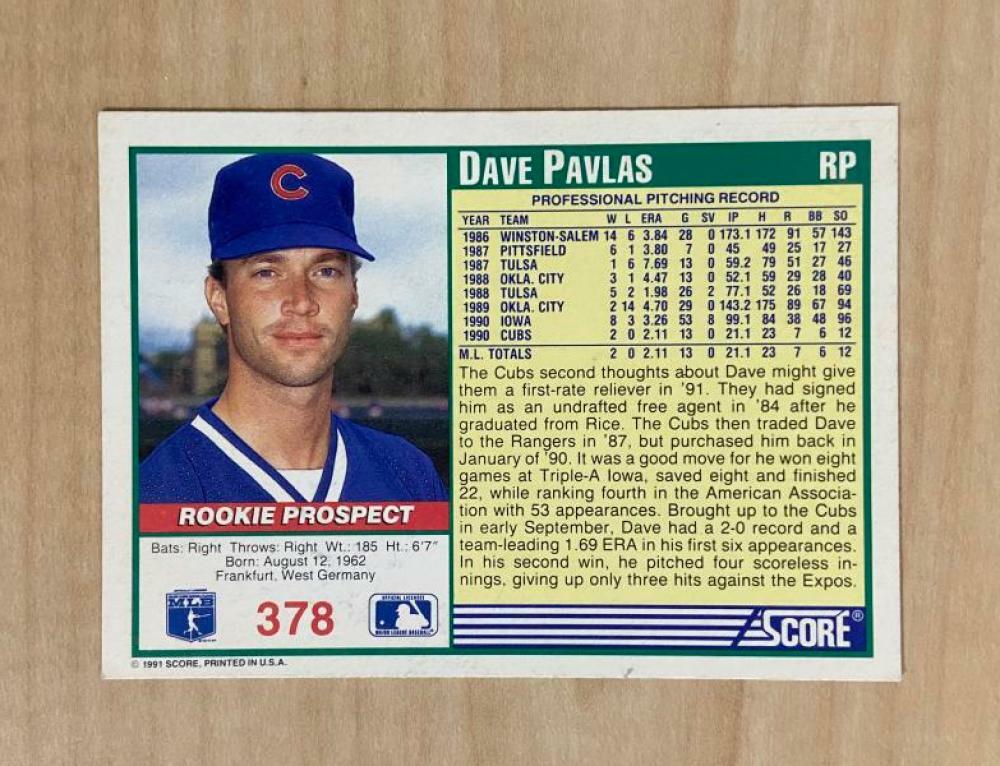DAVE PAVLAS CHICAGO CUBS SIGNED AUTOGRAPHED 1991 SCORE CARD #378 W/COA