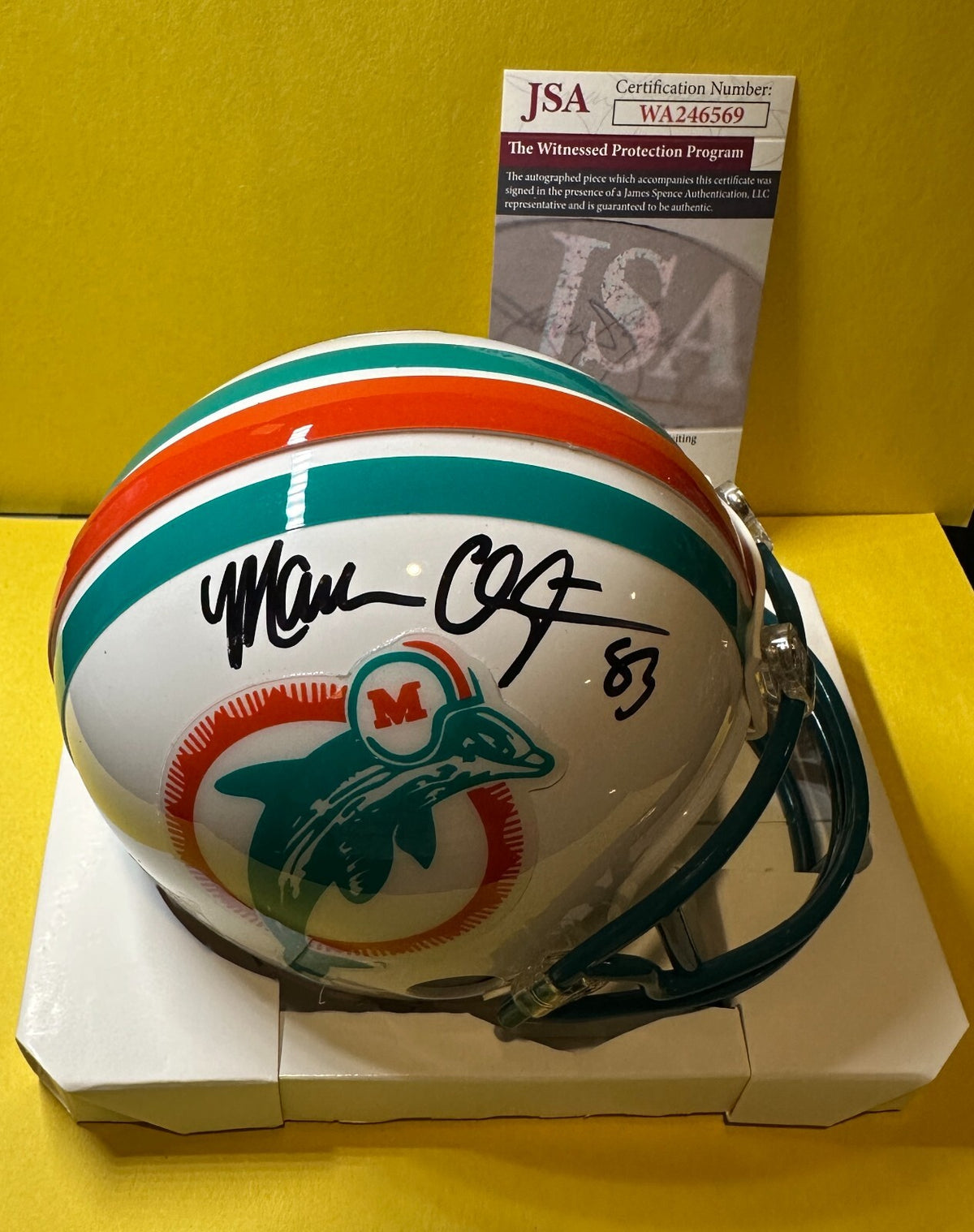MARK CLAYTON MIAMI DOLPHINS SIGNED AUTOGRAPHED WHITE MINI HELMET JSA