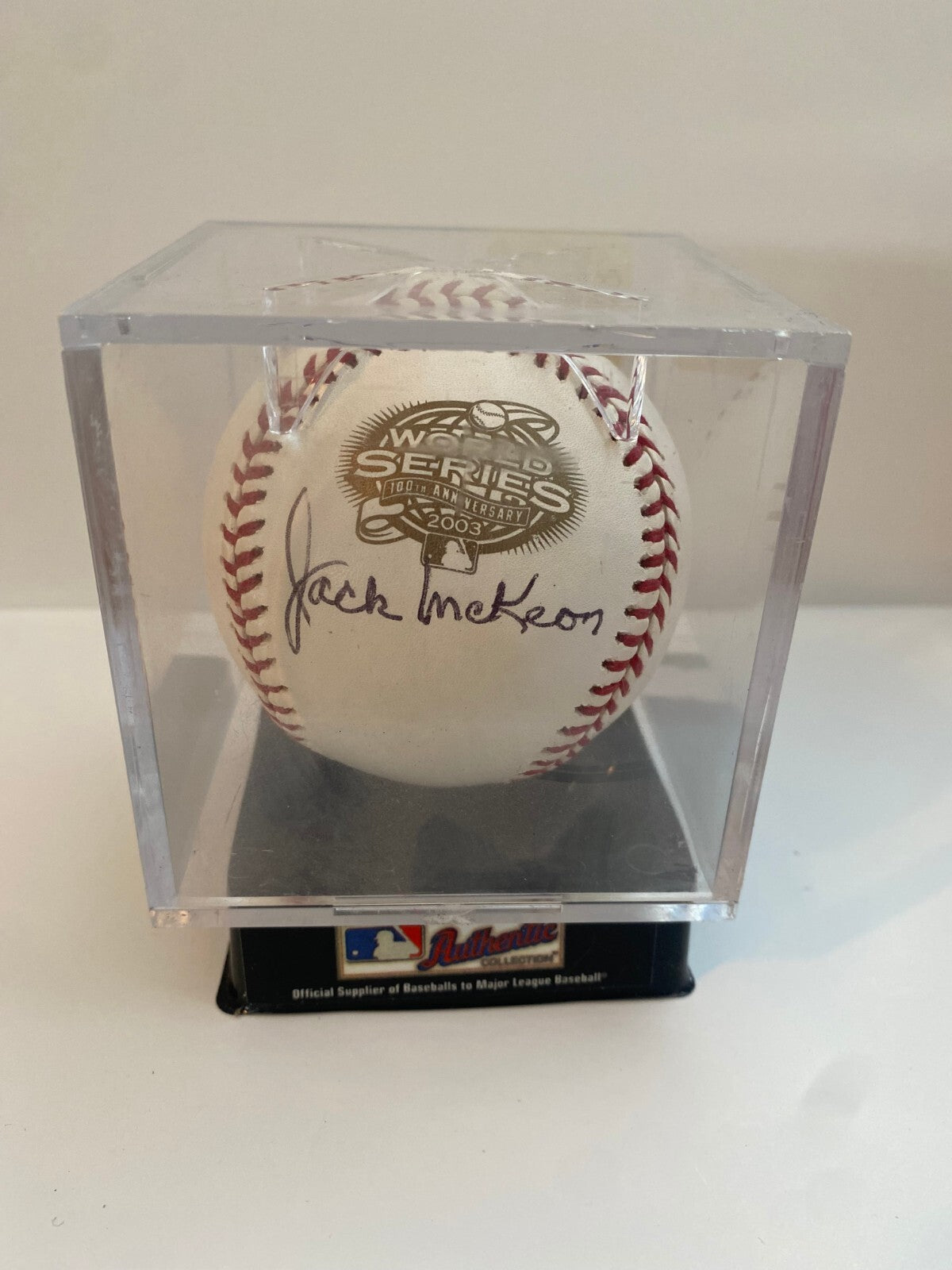 JACK MCKEON FL MARLINS MANAGER SIGNED 2003 WORLD SERIES BASEBALL W/COA W/CUBE